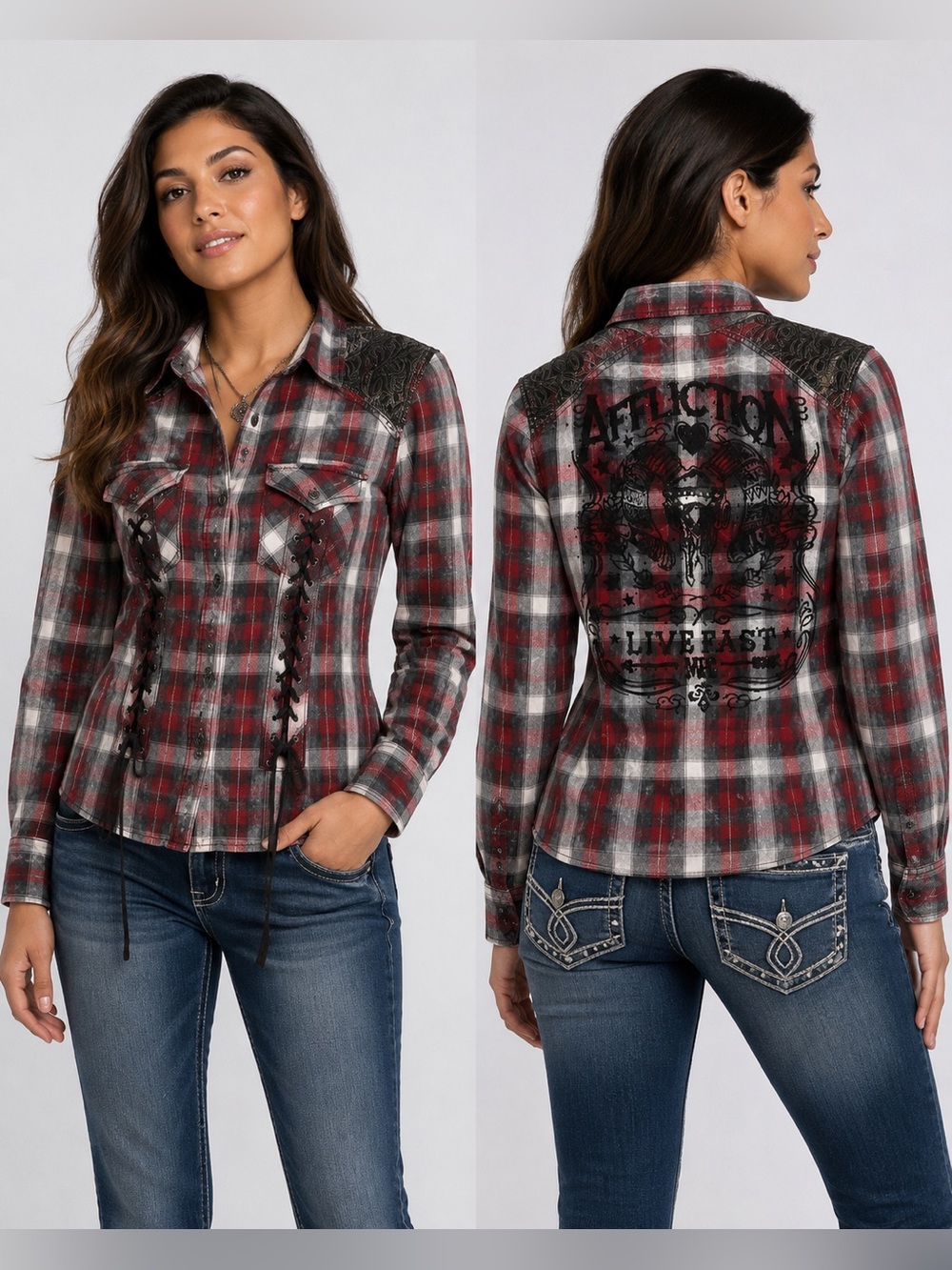 Affliction Plaid Western Snap Button Graphic Shirt Women's L